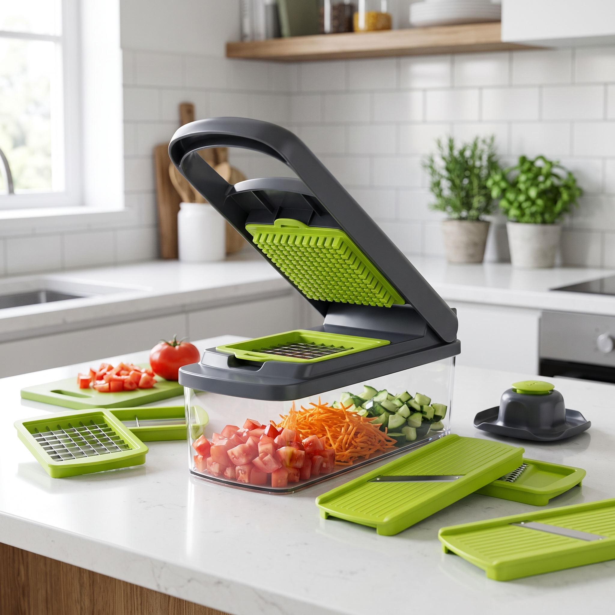Boardless Chopper on a kitchen counter with diced veggies and blade inserts