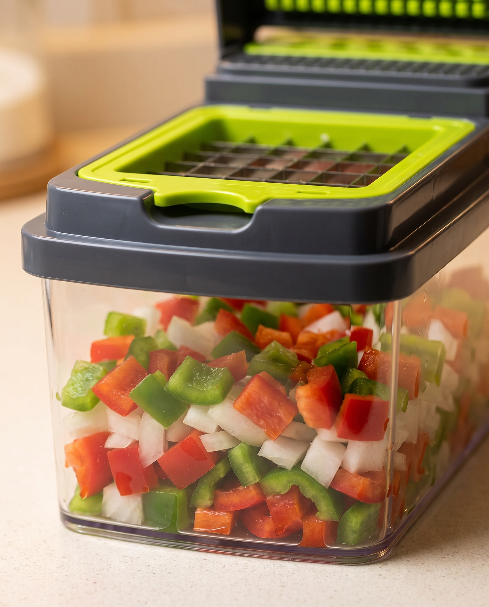 Boardless Chopper in use with diced vegetables