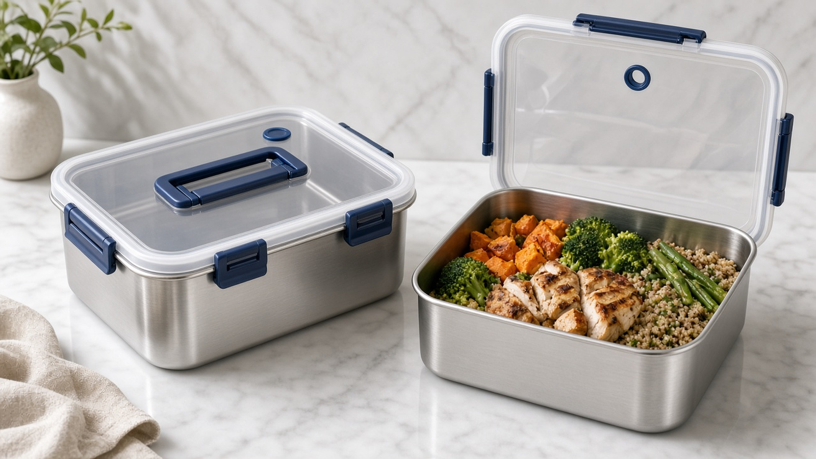 Stainless meal-prep 2-pack — clear lids with blue latches, one open with meal